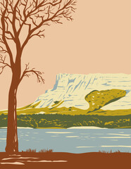 WPA poster art of Hawk Springs State Recreation Area with the bluffs Bear Mountain area in La Grange in Goshen County, Wyoming, United States of America USA done in works project administration style. - obrazy, fototapety, plakaty