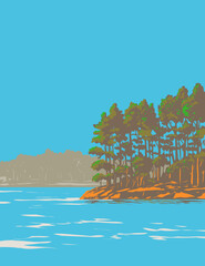 WPA poster art of Lake Catherine State Park on the south shore of Lake Catherine southeast of Hot Springs, Arkansas, United States of America USA done in works project administration style.
 - 475016354