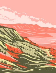 Türaufkleber Melone WPA-Plakatkunst des Seminoe State Park am Fuße der Seminoe Mountains in Sinclair, Carbon County, Wyoming, Vereinigte Staaten von Amerika, USA, ausgeführt im Projektverwaltungsstil.