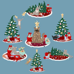 Christmas tree and nauty cats set vector