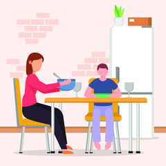 Fototapeta na wymiar A mother is preparing dinner for her child and getting ready to eat with her child. Dinner. Vector colorful illustrator. illustration. design. graphics. 