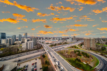 Fototapeta na wymiar Drone sunset view overlooking the don valley parkway and Fairview mall 