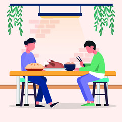 Two young men are having dinner together somewhere. Vector colorful illustration. illustrator. design. simple. new year. graphic.
