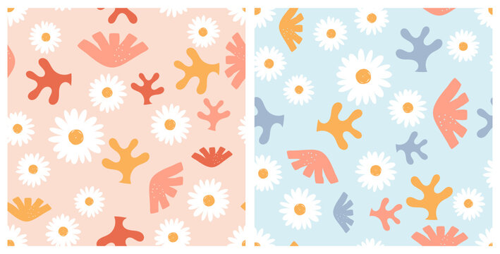 Seamless patterns with cute daisy flower, tropical leaves and exotic plant on orange and blue backgrounds vector illustration.