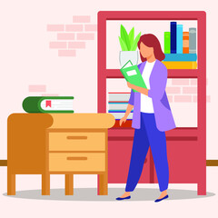 
Female is reading a book and chooses it for suitable reading material to read. Vector colorful illustrator. illustration. illustrator. design. graphics. design. simple. design. book. reading
