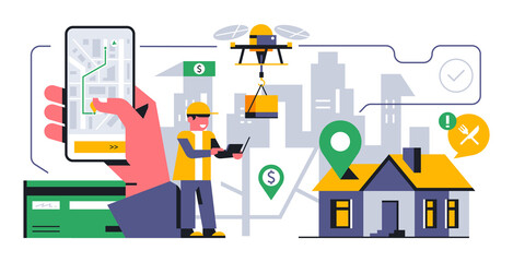 Online home delivery service. A drone delivering a package or food. Tracking the location of the order on the map. Future technologies, home, courier, route, bank card. Vector illustration