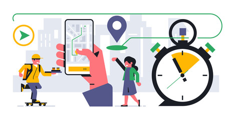 Online food delivery service to your home. Fast delivery by courier. Tracking your order through a mobile application. Map, street, city, route, time, app, phone. Vector illustration.