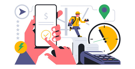 Online food delivery service to your home. Successful online payment for ordering food delivery to your home through the phone application. Payment check, terminal, money, courier. Vector illustration