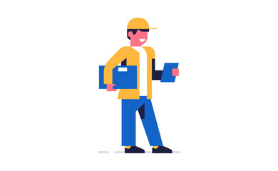 Courier online delivery of parcels. Courier from a delivery service with an order box. Happy man in working uniform. Flat vector illustration isolated on background