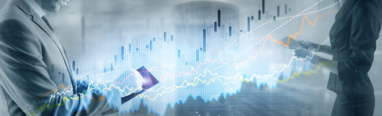 Business finance growth graph chart analysing diagram trading and forex exchange concept double exposure