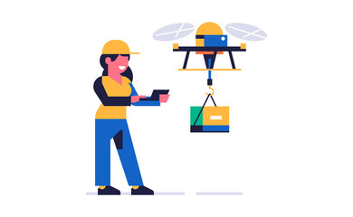 Courier online delivery of parcels. A courier from a delivery service controls a flying drone with an order box. Happy woman in working uniform. Flat vector illustration isolated on background