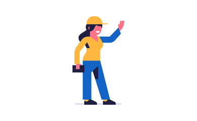 Courier online delivery of parcels. The courier from the delivery service waves his hand. Happy woman in a working uniform. Flat vector illustration isolated on background