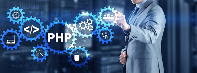 PHP coding Concept. Programmer search. Technology Background
