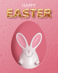 Happy Easter greeting card with 3d gold letters and bunny. Vector illustration