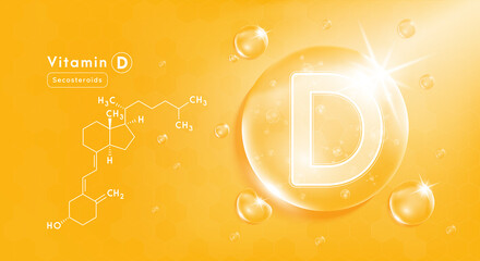 Drop water vitamin D orange and structure. Vitamin complex with Chemical formula from nature. Beauty treatment nutrition skin care design. Medical and scientific concepts. 3D Realistic Vector EPS10. - obrazy, fototapety, plakaty