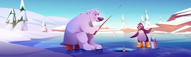  White bear and penguin fishing, cute wild animals characters sitting on ice floe near hole catching fish with rods then put in bucket. Fairy tale book or game personages, Cartoon vector illustration © klyaksun