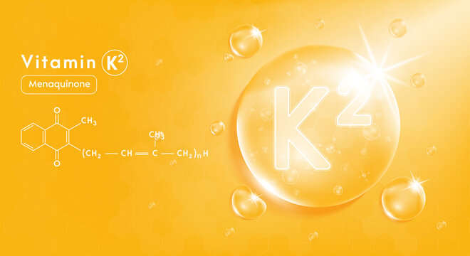Drop water vitamin K2 orange and structure. Vitamin complex with Chemical formula from nature. Beauty treatment nutrition skin care design. Medical and scientific concepts. 3D Realistic Vector EPS10.