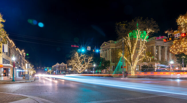 Panoramic Picture of the Main Downtown Street With the Georgetown Square Lit up and decorated for the Holidays