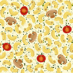 Vector seamless pattern of elbow pasta with champignon mushrooms, tomatoes and herbs. Realistic 3d illustration.