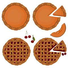 Vector set top view pumpkin and cherry pies isolated on white background.
