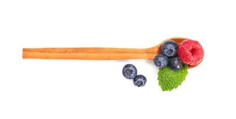 Wooden spoon with tasty ripe berries on white background