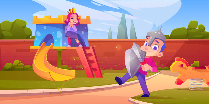 Kids playing in princess and knight costumes on playground. Vector cartoon illustration of backyard with castle, slide, rocking horse, cute girl in gold crown and boy in armor with sword and shield