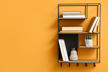 Modern shelf with books and plant hanging on color wall