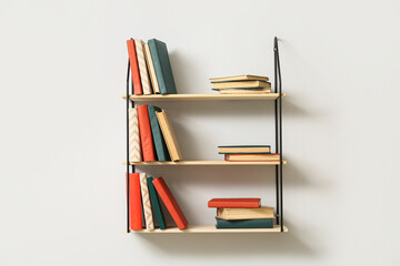 Modern shelves with books hanging on light wall