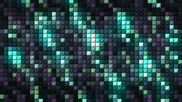 Digital squares abstract pattern, seamless loop. Motion. Turquoise and purple retro particles looking like bems of light, seamless loop.