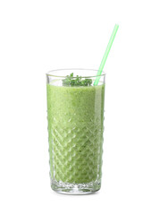 Glass of healthy green smoothie isolated on white background