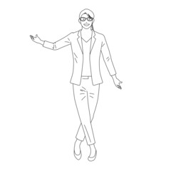 Illustration of a businesswoman in a musical pose(white background, vector, cut out, line art)