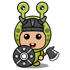 vector illustration of cute cartoon snail animal mascot costume character viking shield and ax