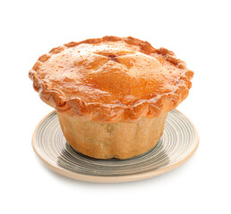 Tasty beef pot pie on white background