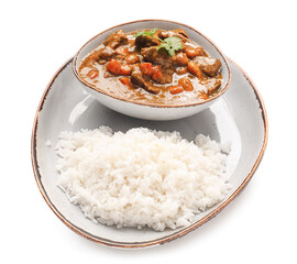 Plate with tasty beef curry and rice on white background