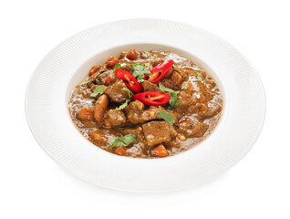 Plate with tasty beef curry on white background
