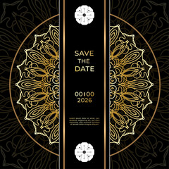 Save The Date invitation card design in henna tattoo style. Decorative mandala for print, poster, cover, brochure, flyer, banner.