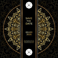 Save The Date invitation card design in henna tattoo style. Decorative mandala for print, poster, cover, brochure, flyer, banner.