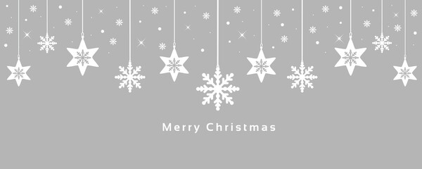 Merry Christmas greeting card. Xmas banner with snowflakes hanging.Vector design of winter holidays on grey background.