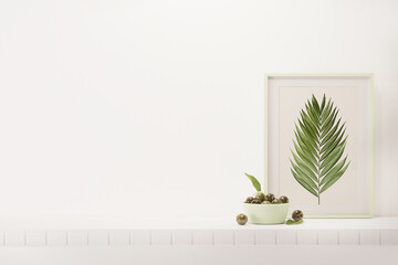 Interior wall mockup with fruit and wooden frame, decoration items on empty white background with free space on center. 3D rendering, illustration.
