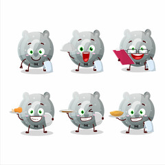 happy gray gummy candy G waiter cartoon character holding a plate