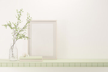 Fototapeta na wymiar Interior wall mockup with frame on the shelf with green tree branch in vase and vertical wooden frame on empty white background with free space on center. 3D rendering, illustration.