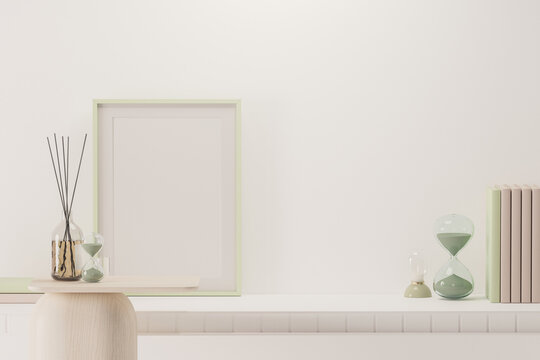 Interior wall mockup with fruit and wooden frame, essential oil bottle and decoration items on empty white background with free space on center. 3D rendering, illustration.
