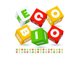 Vector creative template Eco Bio with 3D modern Font. Cube Blocks Alphabet Letters and Numbers set