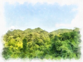 Obraz premium landscape of mountains and forests watercolor style illustration impressionist painting.