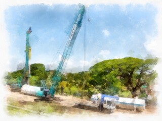 Fototapeta na wymiar Cranes are doing construction work at the roadside work site. watercolor style illustration impressionist painting.