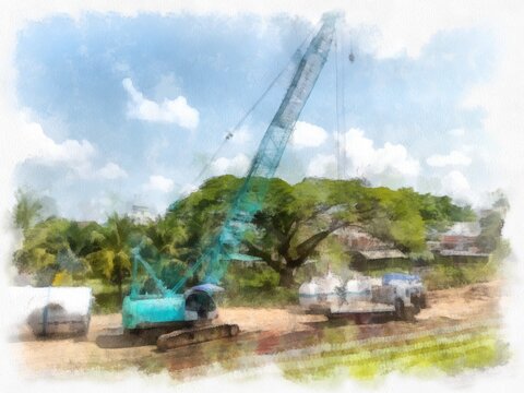 Cranes are doing construction work at the roadside work site. watercolor style illustration impressionist painting.
