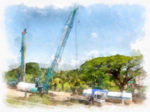 Cranes are doing construction work at the roadside work site. watercolor style illustration impressionist painting.
