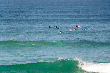 Surfers waiting for a wave in the ocean at Cronulla, NSW, Australia.