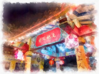 Landscape of an ancient Chinese shrine at night with colorful lanterns watercolor style illustration impressionist painting.