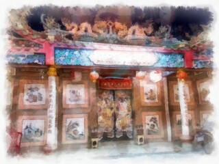 Landscape of an ancient Chinese shrine at night with colorful lanterns watercolor style illustration impressionist painting.